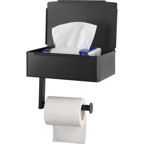 Dispensador de papel higiénico de acero inoxidable para montaje en pared con cajón, soporte para smartphone y compartimento de almacenamiento – Negro/Plata – 20,5 x 15,5 x 13 cm (1/5)