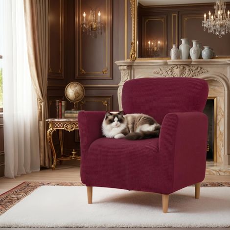 Housse de Fauteuil Ultra-Élastique en Tricot avec Accoudoirs, Housse de Protection pour Canapé de Salon Contre Taches, Facile à Installer, Bordeaux