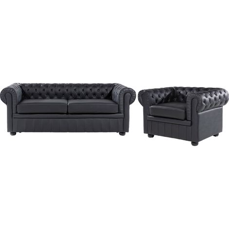 Conjunto de sofás para salón Chesterfield tapizado en cuero negro con patas de madera oscura sofá 3 plazas y un sillón Chesterfield (1/5)