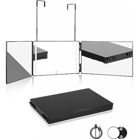 Espejo de peluquería LED de 360°, plegable, de tres caras, con aumento de 10x, para peinado, afeitado y maquillaje (negro) (1/5)
