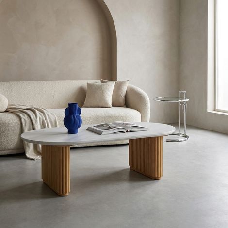 Table basse ovale bois d'hévéa naturel plateau effet pierre - Gabrielle