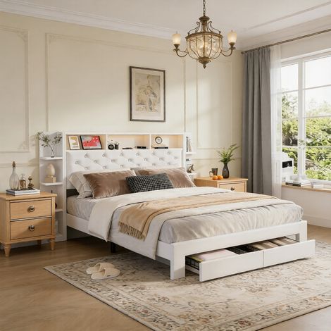 Lit double 160x200cm avec sommier LED et USB, Lit coffre 160x200cm avec tête de lit capitonnée et 2 tiroirs rangement, Velours Blanc (1/5)