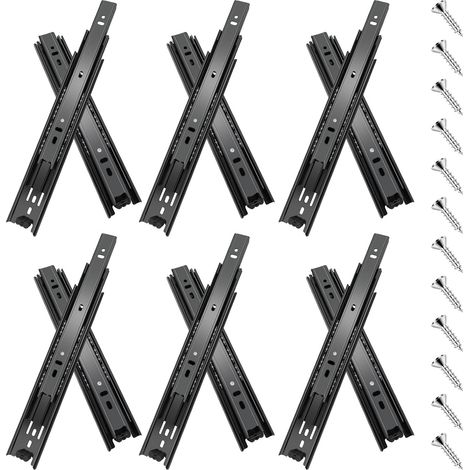 6 paires glissières de tiroir 25 cm (12 pièces),glissiere pour tiroir, montage latéral,extension complète,coulisse tiroir avec roulements à billes, capacité de 45 kg, noir (1/5)