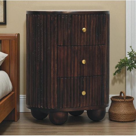 Comodino nordico in legno massello di mango marrone castagno con vano aperto e gambe nordiche