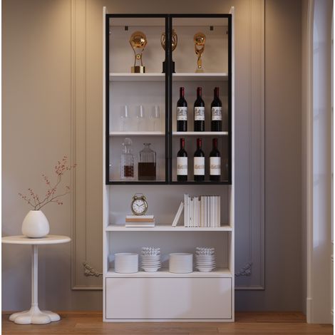 Vitrine haute 80 x 34 x 180 cm avec 1 tiroir, portes vitrées, LED, MDF et verre, blanche DESVIAE (1/5)