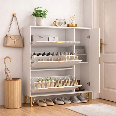Meuble à Chaussures 30 Paires 110x24x118,5cm, Meuble de Rangement Mince avec 4 Portes Abattantes Étagères Réglables, Blanc Pieds Dorés pour Entrée Couloir Maison