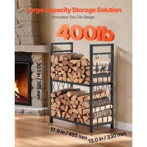 Support à bois de chauffage à 2 niveaux, range-bûches d'intérieur, 455 x 330 x 765 mm, avec outils de cheminée, brosse, pelle, tisonnier et pinces, charge maximale 181,4 kg, pour poêle, foyer (1/5)