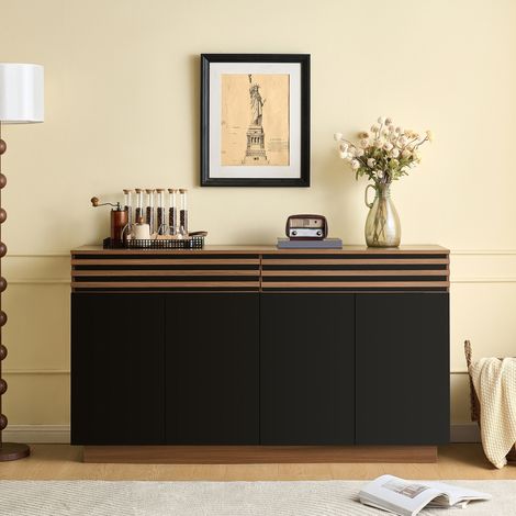Buffet bas 150x40x85 cm, Grand meuble de rangement cuisine bahut salon, 2 tiroirs 4 portes, Noir et Marron (1/5)
