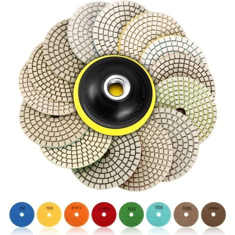 Tampons de polissage diamantés Ulisem, 15 tampons de polissage diamantés de 4 pouces (100 mm) pour béton, granit, marbre, polissage avec 50 à 6000 tampons pour polisseuse. (1/4)