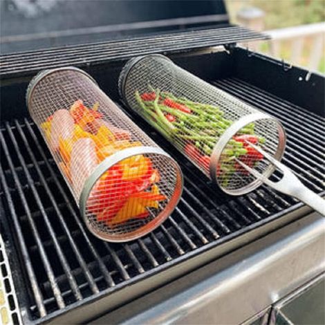 Grand panier à griller roulant en acier inoxydable pour barbecue, grille antiadhésive pour poissons et légumes, accessoires de barbecue d'extérieur, pique-nique, feu de camp, camping, 2 pièces (20 cm) (1/4)