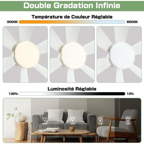 52cm Silencieux Ventilateur de Plafond avec Lumière et Telecommande, 40W Lampe Ventilateur Plafond avec Douille E27, Dimmable LED Ventilateur Plafond pour Chambre, Salon, 3 Vitesses, 6 Pales (1/4)