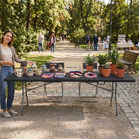 Folding garden table 244 x 75 cm, camping table with carrying handle, XXL for 10 people, black (1/4)