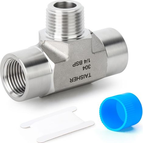1 pièces Forge en acier inoxydable 304 Raccords de tuyauterie en té, 1/4"BSP FBSP x MBSP x FBSP, Té de branchement mâle, pour l'eau, l'air et le gaz. (1/5)