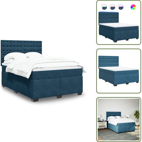 Boxspringbett mit Matratze Blau 140x190 cm Samt - Boxspringbett - Samtbett - Doppelbett - Blau - LED Beleuchtung (1/5)