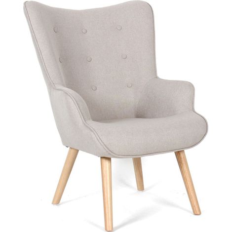 Fauteuil en tissu beige avec les pieds en bois naturel, modèle Sérénité (1/5)