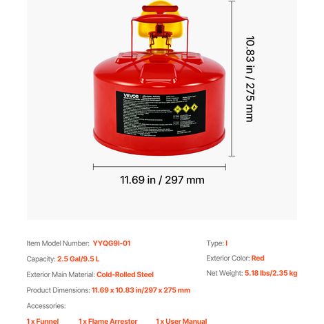 VEVOR Safety Gas Can, 2.5 Gallon Type I Red Safety Can for Gasoline with Stainless Steel Flame Arrester, Self-Closing Lid, and PE Funnel, Carbon Steel Flammable Storage Container with Ergonomic Handle (1/4)