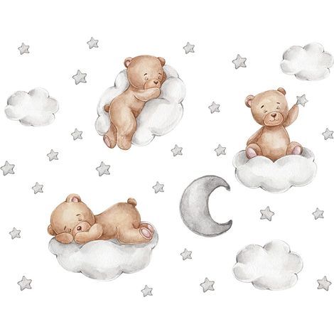 CCYKXA Kids Wall Stickers Removable Wall Decal With Bear Clouds Stars and Moon Animal Wall Sticker For Kids Rooms Baby Nursery