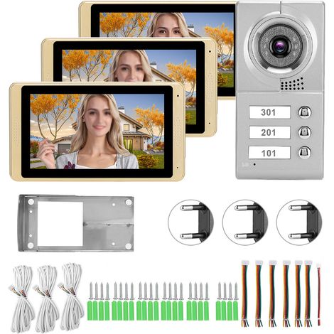 Kit Interphone Vidéo WiFi 7 Pouces 720P Écran Tactile avec 3 Moniteurs, Sonnette de Porte 100-240V Prise UE (1/5)