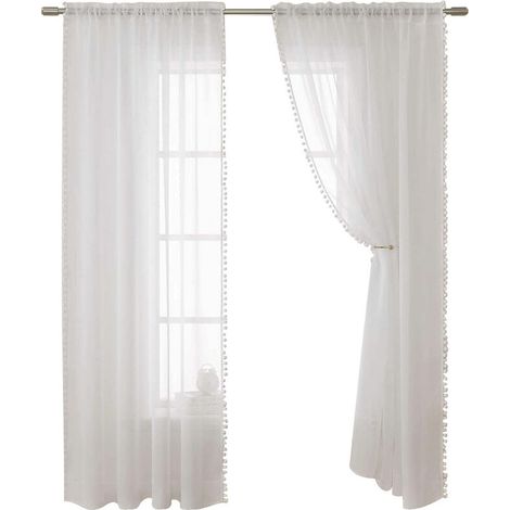 Accueil Rideaux texturés en lin transparent avec rideaux semi-transparents en dentelle Tissu léger et respirant Décoration de fenêtre pour chambre à coucher Salon Salle à manger 2 panneaux (Blanc) (1/5)