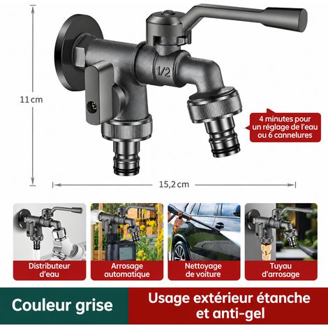 Robinet d'extérieur mural double sortie gris pistolet antigel eau froide réf 5781 350 g – Livraison gratuite