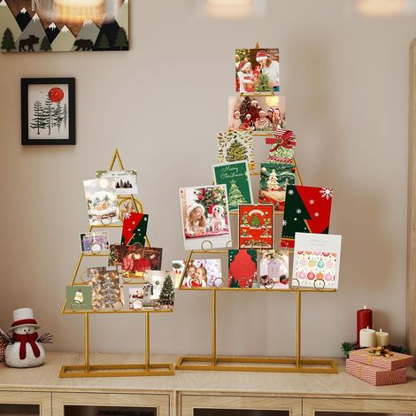 COSTWAY Albero di Natale Decorativo in Metallo, 2 Pezzi, Supporto per Foto a Forma di Albero di Natale con 36 Clip Rotonde, per Appendere Palline, Cartoline e Ornamenti (1/5)