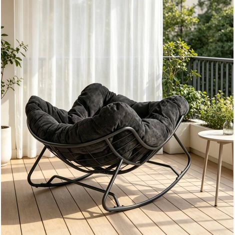 Chaise berçante 102,5x75x77 cm en métal et chenille noire, moderne pour salon FloraGrace (1/5)