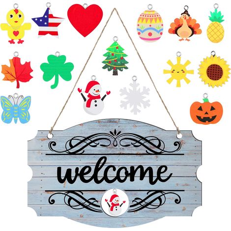 Panneau Bienvenue En Bois - 14 x 9 Pouces - 15 Pendentifs Saisonniers Interchangeables - Décoration Extérieure Porche Porte D'Entrée - 1 Pièce (1/5)