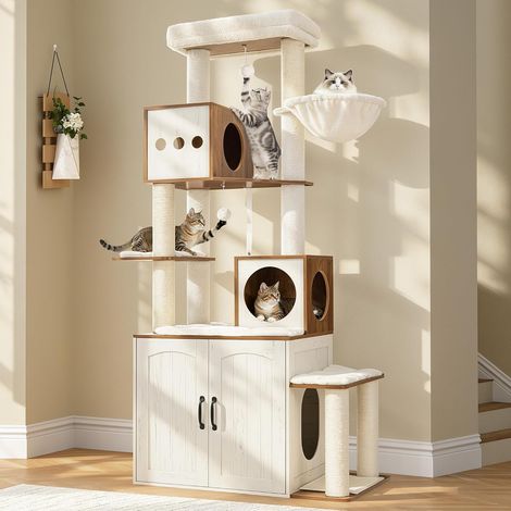 Arbre à Chat Bois avec Litière, 190 cm, Blanc et Marron Poteaux à Griffer, Plateforme de Saut Amovible, Deux Grottes, Plateforme, Coussins Lavables, pour l'Intérieur (1/5)