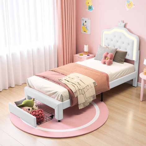 Lit Princesse 90x200cm, Lit Rembourré Pour Enfant, Lit Fille Simple avec LED Réglable et Tiroir, Tête de Lit Réglable en Forme de Couronne, PU, Blanc (1/5)