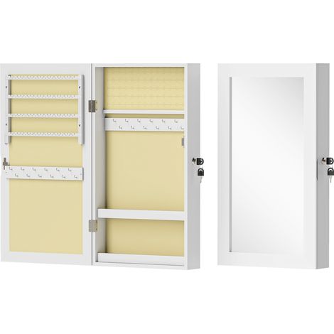 GagaArmoire a bijoux murale avec miroir et 2 cles de securite en bois 36,5x9,5x67 cm blanc (1/5)