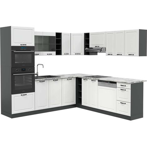 Cocina esquinera R-Line, Blanco casa de campo/Antracita, 247 x 237 cm, ET Mármol, Vicco