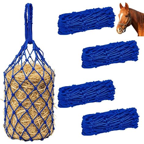 Lot de 4 filets à foin pour chevaux - Alimentation lente - 89 cm de long - Sac à nourriture solide à suspendre - Pour chevaux, chèvres, moutons, ânes, remorque, écurie, bleu (1/5)