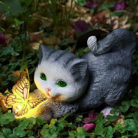 Estatua de gato con energía solar para jardín, figura artística de resina, decoración exterior con un gato sosteniendo una mariposa, para decoración de césped, regalo de inauguración de casa (B) (1/4)