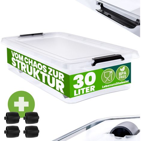 DEUBA® Caja Almacenamiento Plástico Transparente Resistente Capacidad 30 ó 60 Litros Organizador con Tapa 4 Ruedas Libre de BPA Contenedor Apilable 30L (de) (1/5)