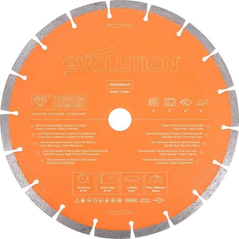 Evolution 255mm Premium Diamond Disc Cutter Blade With High Diamond Concentration, Segmented Edge and 22.2mm Bore (1/3)