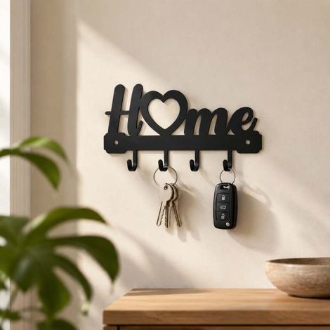 Porte-clés mural en métal Irovami avec 4 crochets - Organisateur décoratif noir style rustique pour entrée, couloir ou maison - Fixation murale avec vis incluses (1/5)