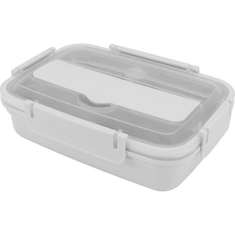 Boîte à lunch à 3 compartiments en acier inoxydable 304, cuillère et baguettes assorties en plastique, idéale pour le bureau (blanche). (1/5)