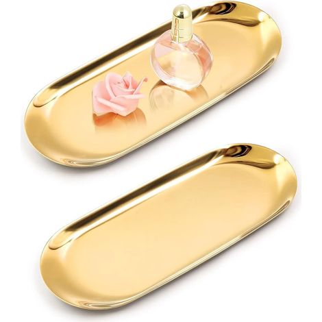 Lot de 2 Plateaux décoratifs dorés, Acier inoxydable, Design ovale élégant, Pour bijoux et parfums (1/5)