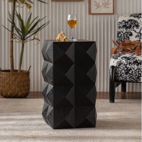 Mesa auxiliar negra en madera maciza y MDF con relieve tridimensional, estilo retro, 60 cm de alto, sin montaje (1/5)
