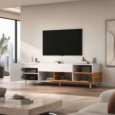 Meuble TV avec rangement 180x38x50 cm blanc décor bois, façade brillante, écran 75 pouces - CHICFURN (1/5)
