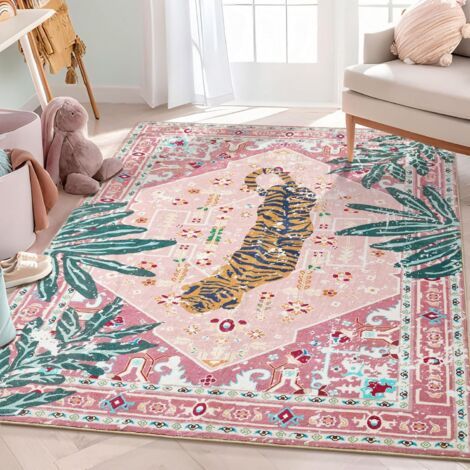 Tapis hippie, tapis bohème rose tropical en fausse laine 6090cm, adapté à la salle de bain, à la cuisine, petit tapis d'entrée intérieur, tapis de sol de style indien rétro moderne et vieilli, antidér (1/4)