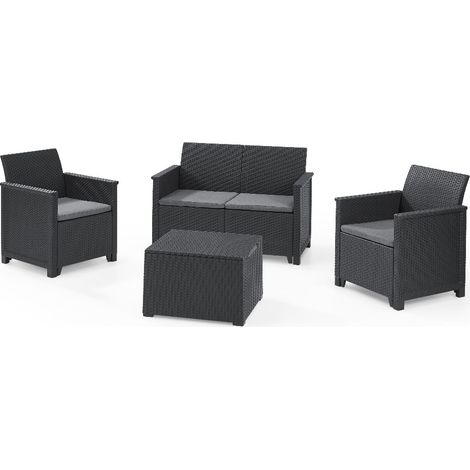Keter – Ensemble salon de jardin 2 fauteuils + canapé + table basse – Structure solide en résine tressée – Résistant aux intempéries – Couleur graphite (1/7)