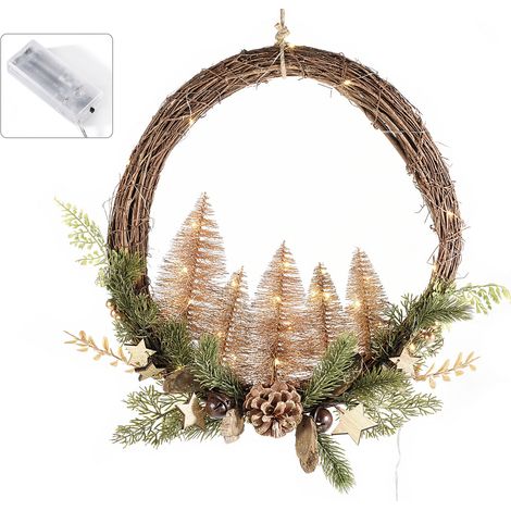 Ghirlande natalizie luminose con decori in abete e pigne glitterate oro,campanelle e luci LED, Ø 35 cm