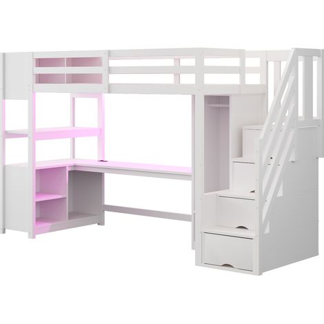 CAIziLit mezzanine bois 90x200 cm, bureau, armoire, rangement, LED, prises (1/5)