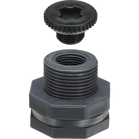 Raccord de Cloison PVC avec Bouchon G 1/2, Connecteur de Réservoir d'eau à Double Filetage avec Joint d'Étanchéité PVC pour Seau de Pluie, Éviers, Gris (1/5)