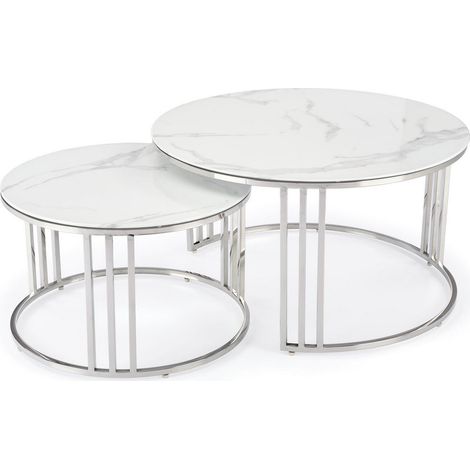 Ensemble de deux tables basses rondes aspect marbre blanc Rimini (1/5)
