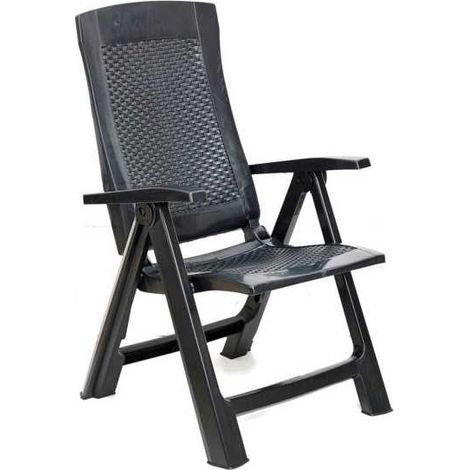 Progarden – Fauteuil de jardin pliant en résine anthracite effet rotin – Dossier multi-positions – Accoudoirs – Résistant aux intempéries – 6,5 kg