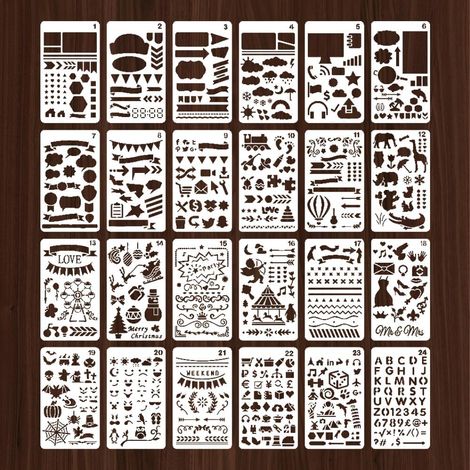 Pochoirs de Peinture-24 Pièces Pochoir Bullet Journal,Pochoirs Géométriques Réutilisables pour Bricorage,Cartes,Scrapbooking,Planner et Plus,Modèles pour scrapbooking - 24 (1/5)