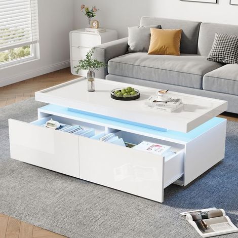 Table basse - WESTYLE - design géométrique - LED réglable - 2 tiroirs - 95x45x35 cm (1/5)