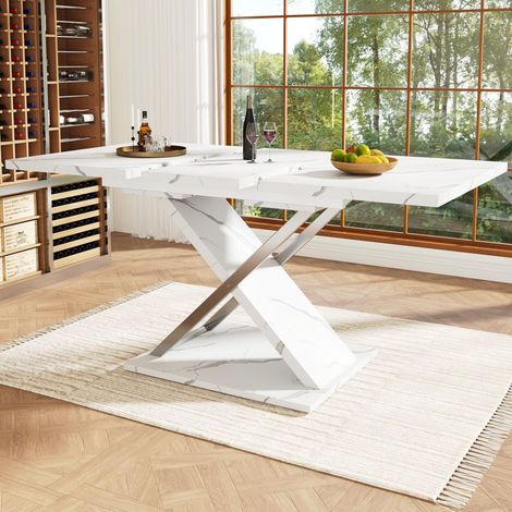 Table à manger extensible 118-157×75cm, aspect marbre, structure métallique, rectangulaire, pour salle à manger et salon, Blanc (1/5)